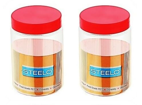 STL Crisp N Clear 800ml PET Storage Jars Set - Airtight, BPA-Free Plastic Jars with Red Lids - Ideal for Kitchen Use, Snacks, and Crafts - Refillable Large Capacity Containers (Pack of 2)
