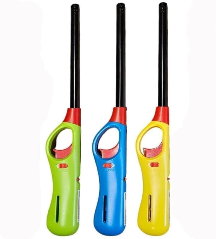 STL Refillable Gas Safety Lighters, Assorted Colours – Long-Reach, Adjustable Flame, Child-Safe Lock – Ideal for Kitchen, BBQ, Camping, Candles, Fireworks (Pack of 3)