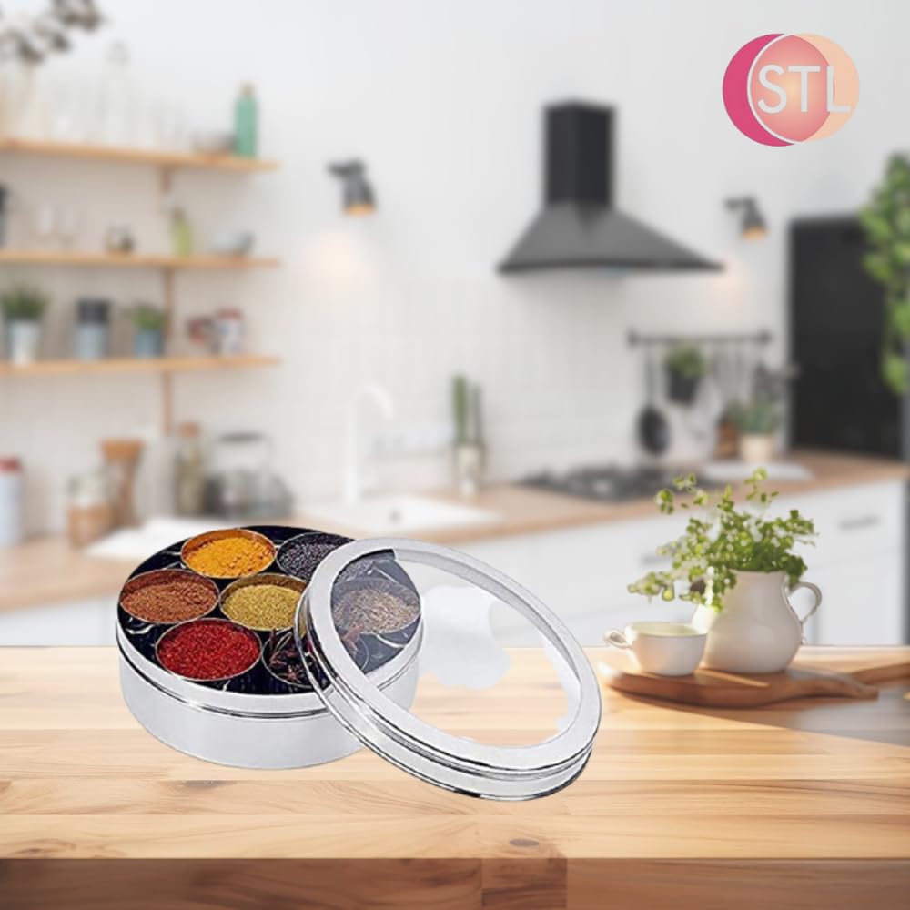 STL Masala Dabba (scatola per spezie) | autentico stile indiano Masala Dabba | con 7 scomparti rimovibili e 2 cucchiai | coperchio trasparente | (18,5 cm