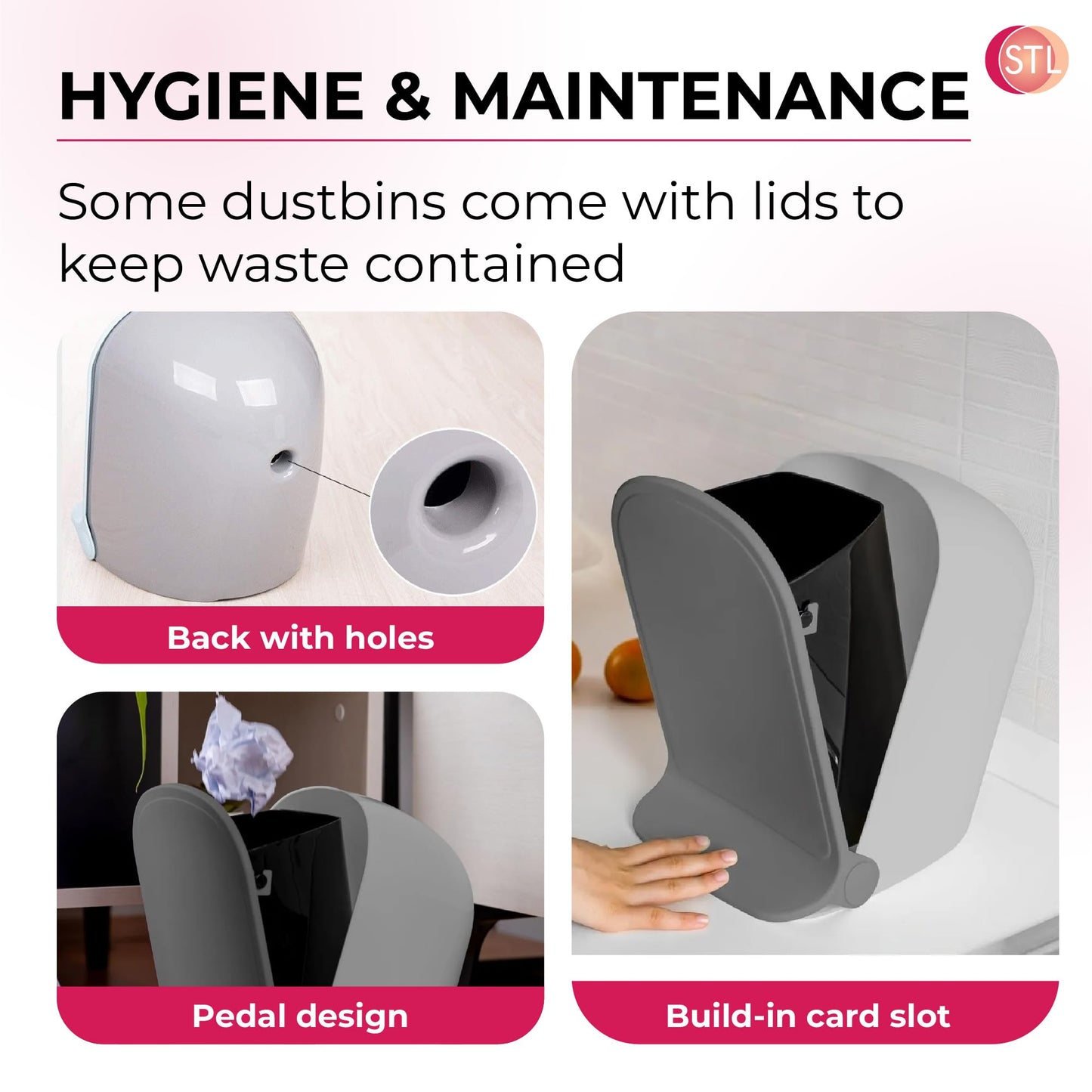 STL Modern Slim Foot Pedal Trash Can 5L Bathroom Bin, Space Saving, Foldable Design, Durable ABS Plastic for Kitchen, Bathroom, Office & More, Hands Free, Odor Control, Easy to Clean