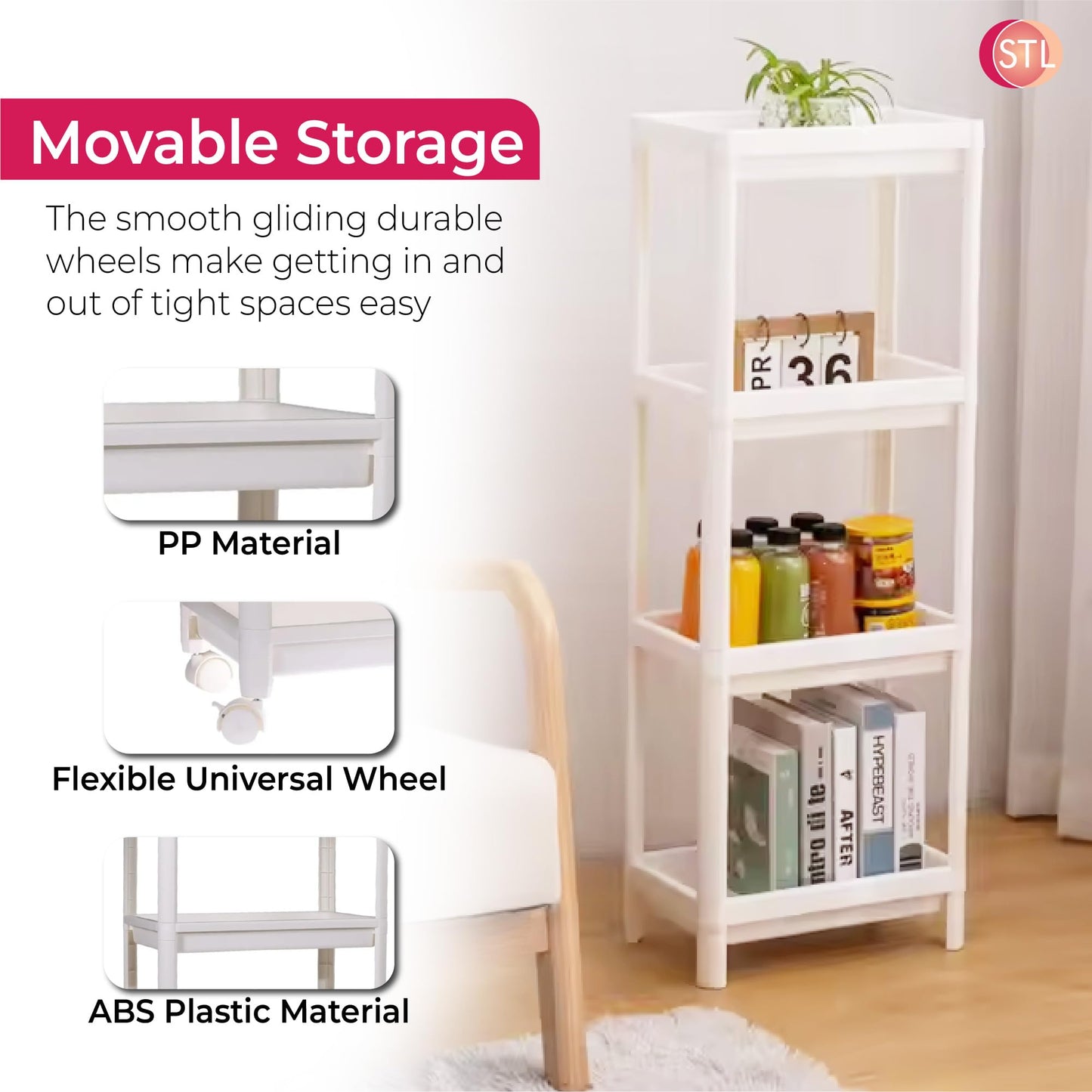 4-Tier Rolling Organizer Shelf Unit with Handles, Storage Trolley Cart with Wheels, Plastic Shelving Unit with Mesh Basket Shelves, Narrow Utility for Kitchen, Bathroom, Laundry, and Office