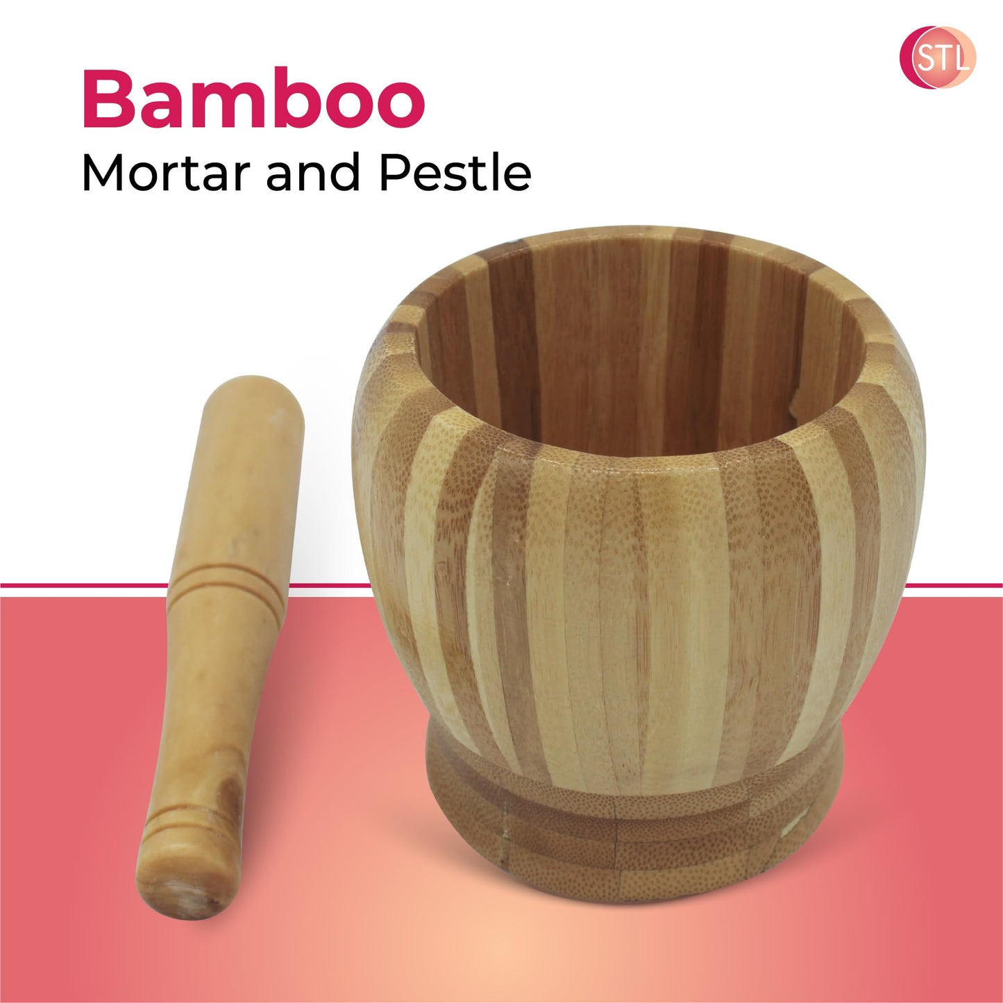 STL Bamboo Mortar and Pestle Set, Spice & Herb Crusher Grinder for Garlic, Pepper, Seeds, Nuts, and Chili, Perfect Kitchen Utensil and Housewarming Gift