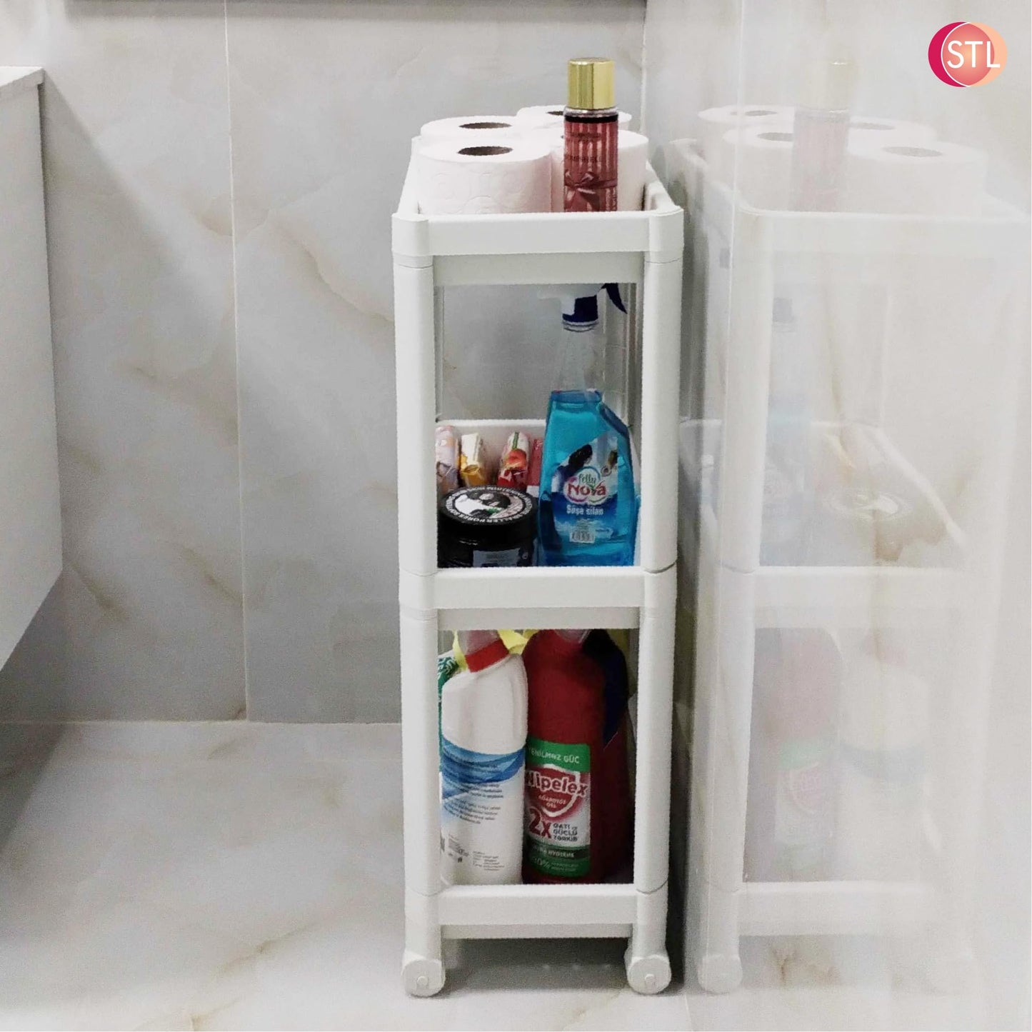 STL 3-Tier Plastic Storage Cart with 2 Sturdy Handle, Rolling Utility Cart with 3 Baskets, Space Saving Organizer for Kitchen, Bathroom, Office and Living Room