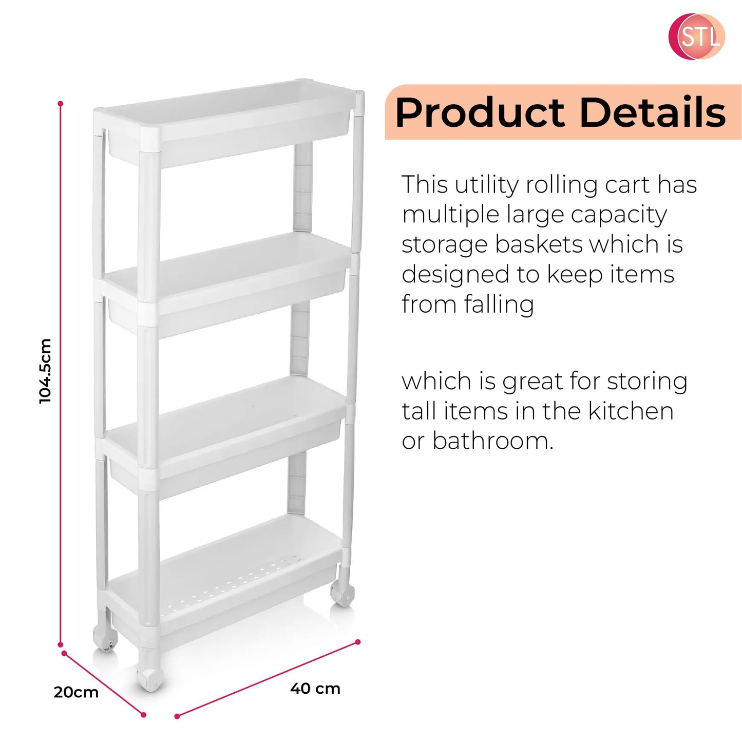 4-Tier Slim Rolling Storage Trolley Cart with Wheels, Plastic Shelving Unit with Handles & Mesh Basket Shelves, Narrow Utility Organizer for Kitchen, Bathroom, Laundry and Office
