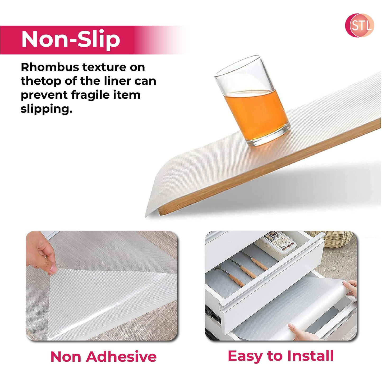 STL Non Slip Shelf Liner Waterproof Washable EVA Drawer Mat for Kitchen Cabinet, Pantry, Fridge & Countertops, Durable Non Adhesive Protector for Drawers & Shelves, Oil Proof Cupboard Liner