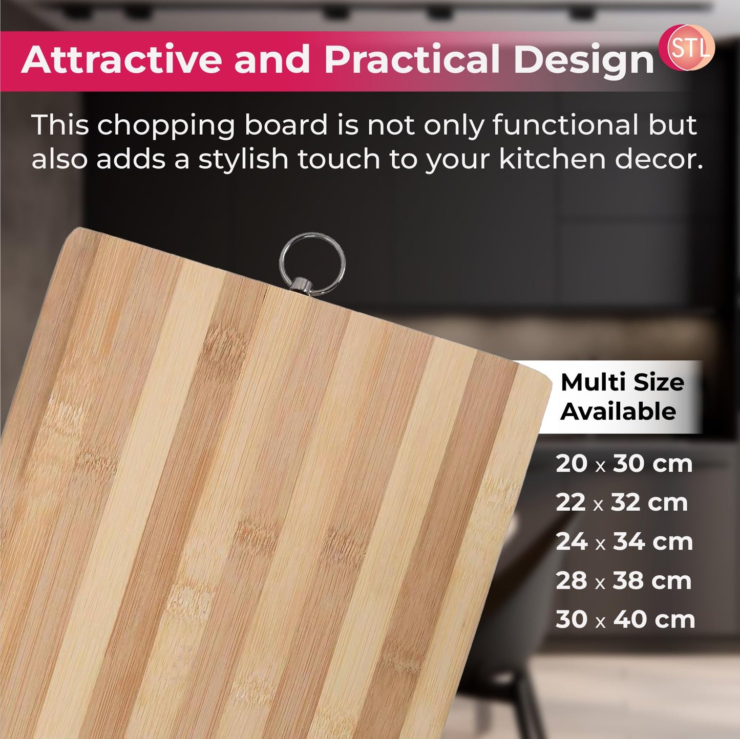 STL Premium Bamboo Wooden Chopping Board 5 Piece Set, Non-Slip Thick Cutting Panel for Meat, Vegetables, Cheeses, Bread, Lightweight Kitchen Board Ideal for Carving, Slicing and Food Preparation