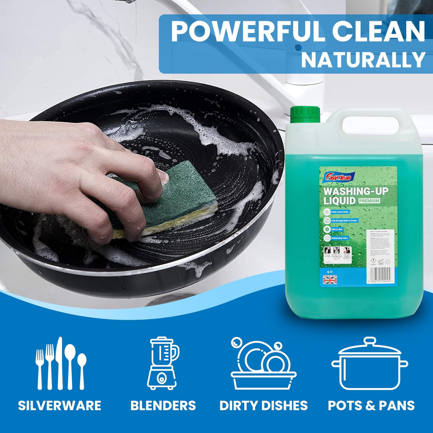 EasyClean Washing Up Liquid 5L Refill - Fresh Lemon Fragrance Non Bio & Skin Sensitive Friendly Dish Wash Cleaner Plant Based & Cruelty Free - Kitchens Cleaning Products