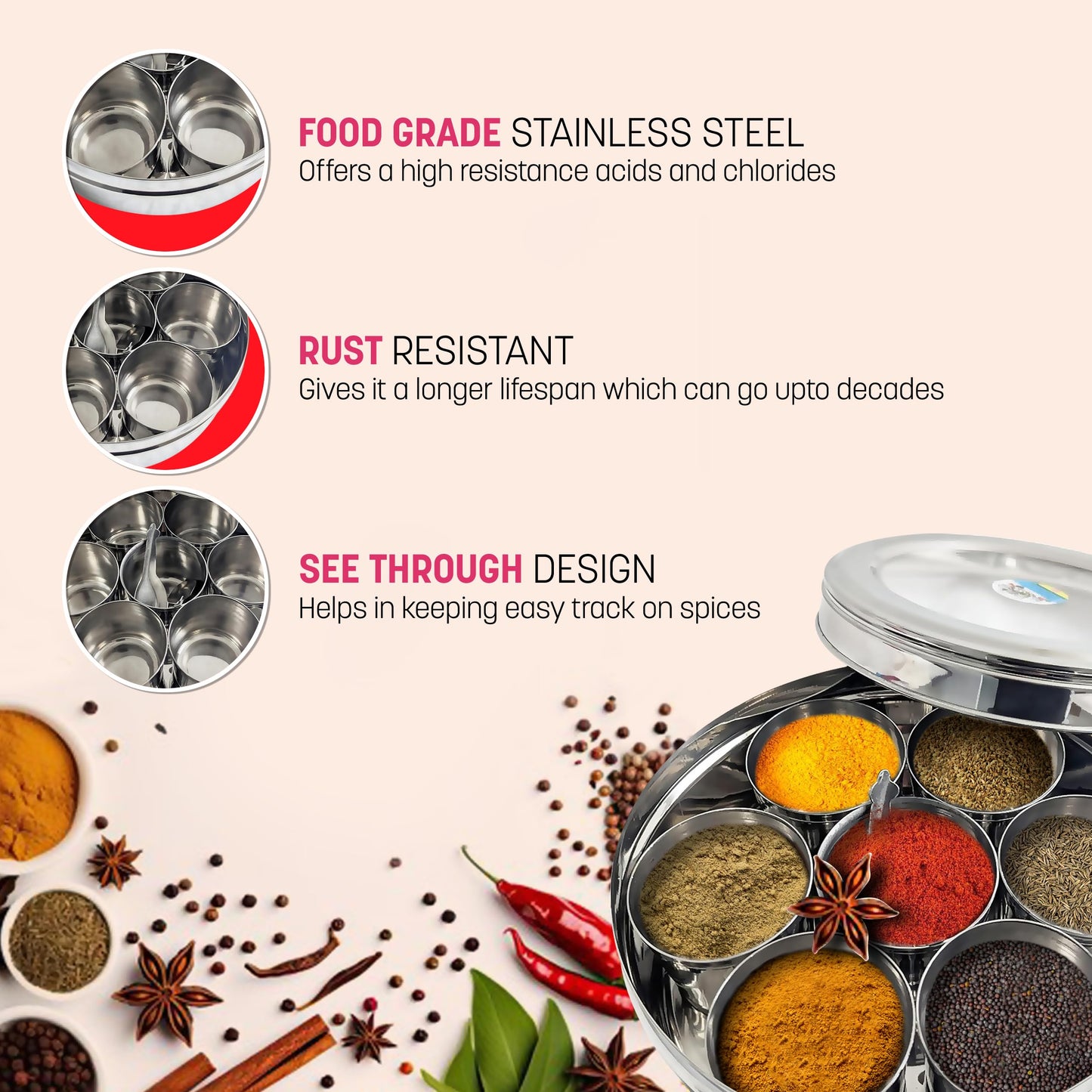 STL Masala Dabba (Spice Box) | Authentic Indian Style Stainless Steel Masala Dabba | with 7 Removable Compartments & 2 Spoons | See through Lid |