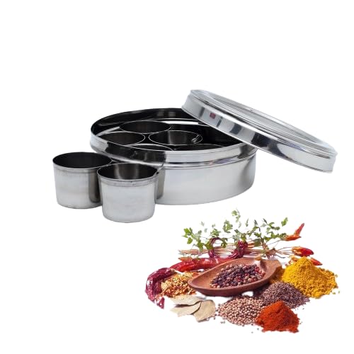 STL Masala Dabba (Spice Box) | Authentic Indian Style Stainless Steel Masala Dabba | with 7 Removable Compartments & 2 Spoons | See through Lid |