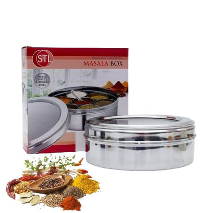 STL Masala Dabba (Spice Box) | Authentic Indian Style Stainless Steel Masala Dabba | with 7 Removable Compartments & 2 Spoons | See through Lid |