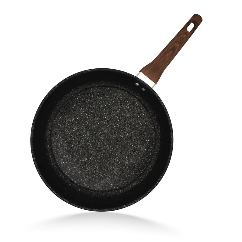 STL Copper Frying Pan Non-Stick, Durable, Wooden Handle, Anti-Scratch Granite Coating, Compatible with Induction, Electric & Gas Hobs, Ergonomic Soft Grip