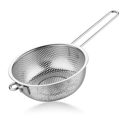 STL Steel Colander with Long Handles and Deep Base Micro-Perforated Strainer for Draining Pasta, Rice, Vegetables & Fruits, Dishwasher Safe Kitchen Metal Food Filter, Easy to Clean and Durable