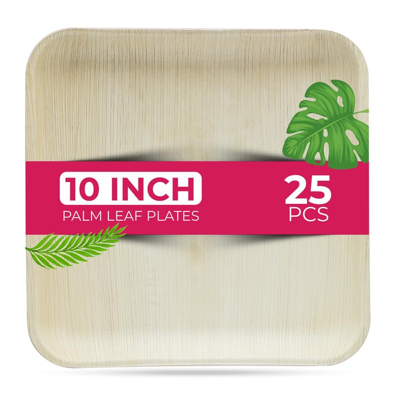 STL Disposable Square Palm Leaf Plates, Microwave & Oven Safe Durable Dinnerware for Hot and Cold Foods, Perfect for Weddings, Parties, and Outdoor Events