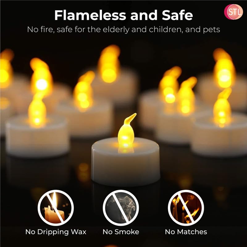 STL Battery Operated Flameless LED Tea Lights Candles, Warm Yellow Flickering Light, 150+ Hours Continuous Use, Safe and Realistic, Perfect for Weddings, Parties and Seasonal Decorations