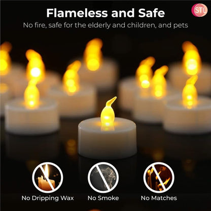 STL Battery Operated Flameless LED Tea Lights Candles, Warm Yellow Flickering Light, 150+ Hours Continuous Use, Safe and Realistic, Perfect for Weddings, Parties and Seasonal Decorations