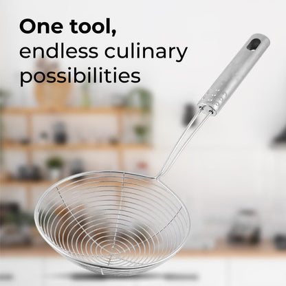 STL Steel Strainer Skimmer Ladle with Ergonomic Handle, Spider Mesh Filter, Solid Utensils Slotted Spoon for Kitchen, Frying Food, Pasta, Noodles, Spaghetti