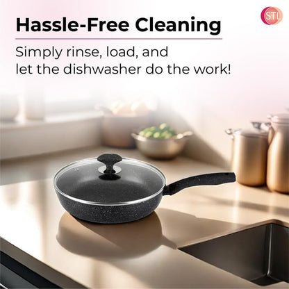 Glaze Non-Stick Fry Pan with Glass Lid, Durable Aluminum Skillet with Cool-Touch Handle, Scratch-Resistant, PFOA-Free, Compatible with Induction, Gas, and Electric Stoves