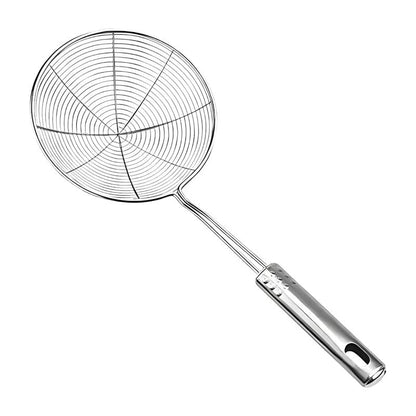 STL Steel Strainer Skimmer Ladle with Ergonomic Handle, Spider Mesh Filter, Solid Utensils Slotted Spoon for Kitchen, Frying Food, Pasta, Noodles, Spaghetti