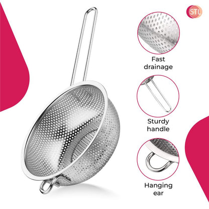 STL Steel Colander with Long Handles and Deep Base Micro-Perforated Strainer for Draining Pasta, Rice, Vegetables & Fruits, Dishwasher Safe Kitchen Metal Food Filter, Easy to Clean and Durable