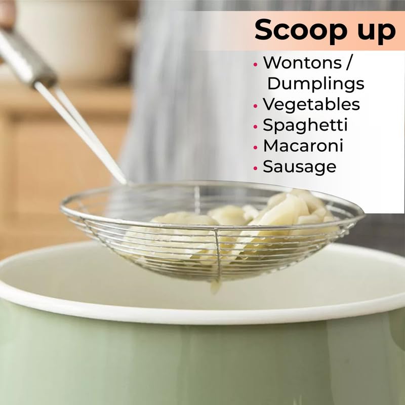 STL Steel Strainer Skimmer Ladle with Ergonomic Handle, Spider Mesh Filter, Solid Utensils Slotted Spoon for Kitchen, Frying Food, Pasta, Noodles, Spaghetti