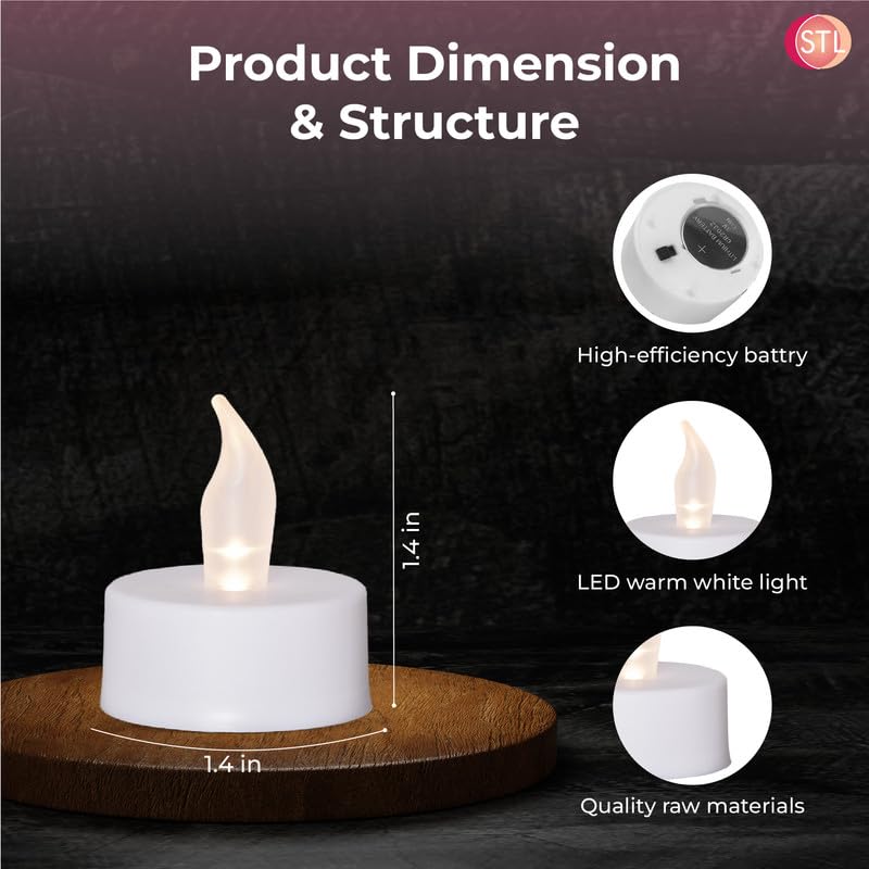 STL Battery Operated Flameless LED Tea Lights Candles, Warm Yellow Flickering Light, 150+ Hours Continuous Use, Safe and Realistic, Perfect for Weddings, Parties and Seasonal Decorations