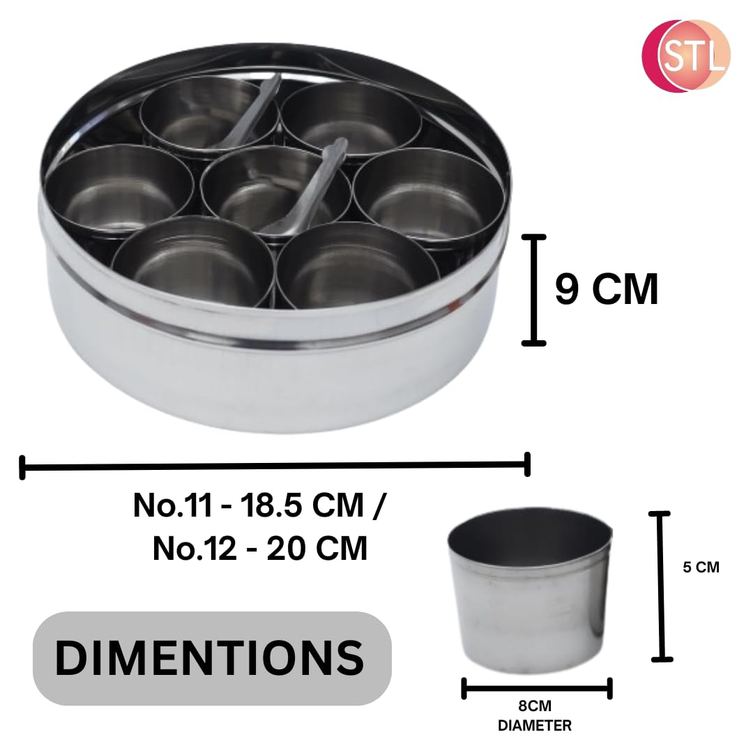 STL Masala Dabba (Spice Box) | Authentic Indian Style Stainless Steel Masala Dabba | with 7 Removable Compartments & 2 Spoons | See through Lid |