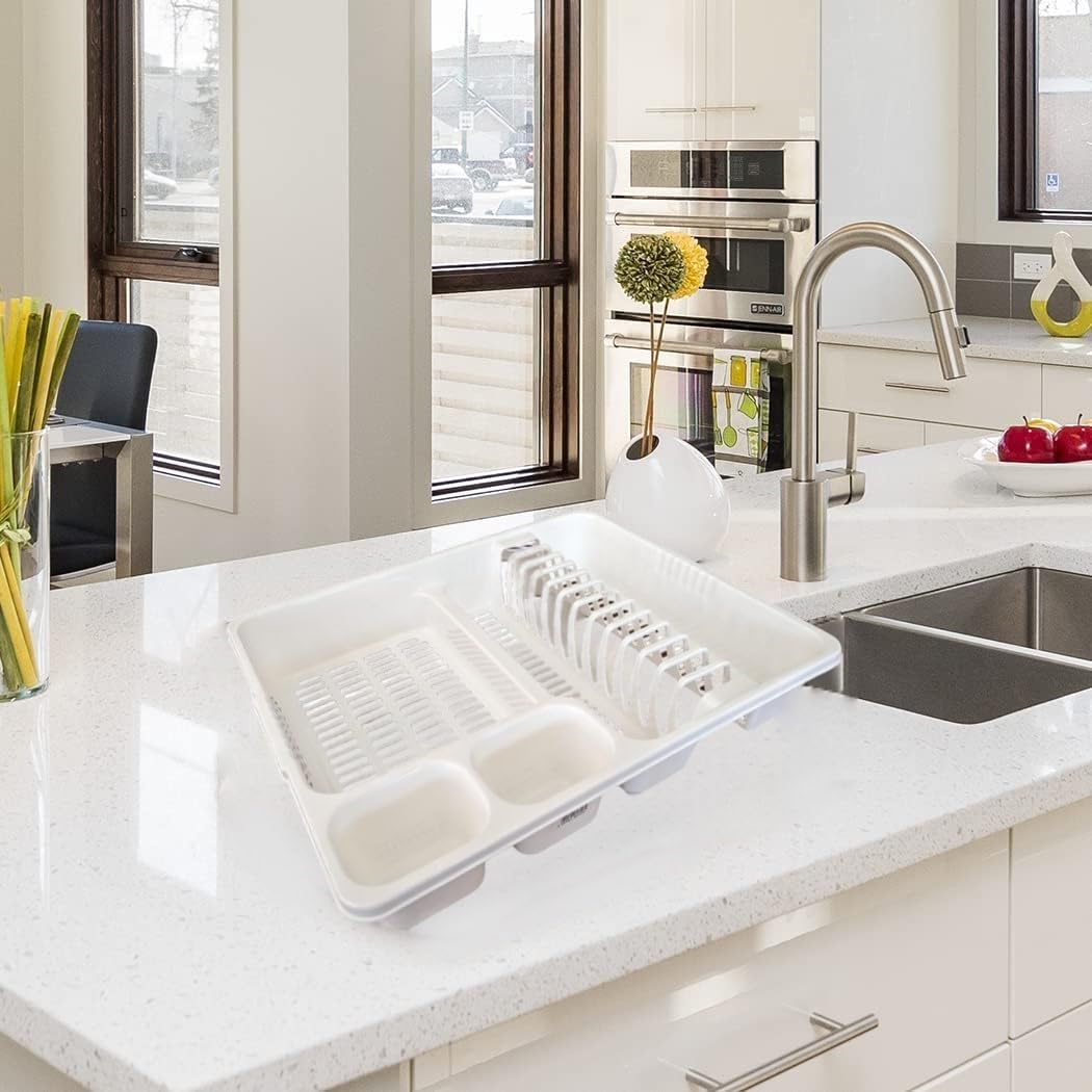 STL Plastic Dish Drying Rack with Drainer Tray - 13 Plate Capacity - 5 Color Options - Washing up rack - Kitchen Organizer