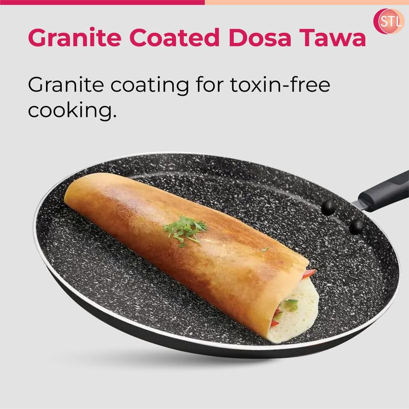 STL Non-Stick Flat Aluminum Dosa Tawa, Perfect Skillet for Crepes, Pancakes, Roti, and Chapati, PFOA-Free, Induction Compatible, with Cool-Touch Handle