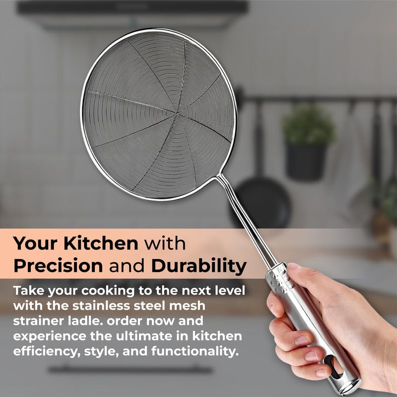 STL Steel Strainer Skimmer Ladle with Ergonomic Handle, Spider Mesh Filter, Solid Utensils Slotted Spoon for Kitchen, Frying Food, Pasta, Noodles, Spaghetti