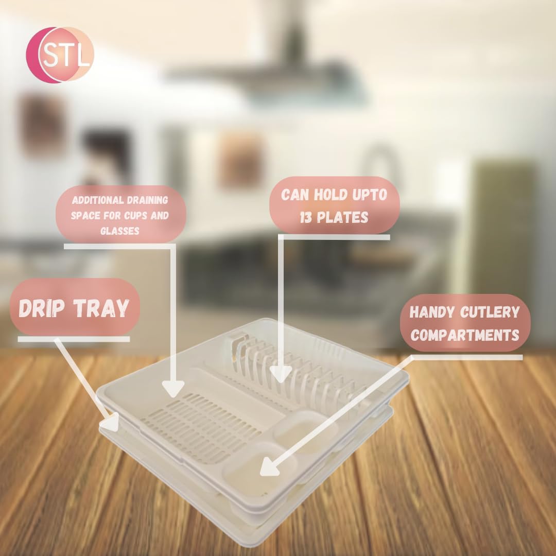 STL Plastic Dish Drying Rack with Drainer Tray - 13 Plate Capacity - 5 Color Options - Washing up rack - Kitchen Organizer