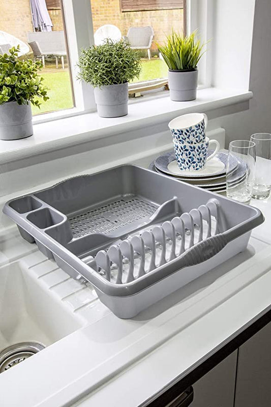 Premium quality plastic Dish Drainer with tray | 46 x 38 x 8.7cm | 13 plate holding capacity | 2 compartments for cutlery