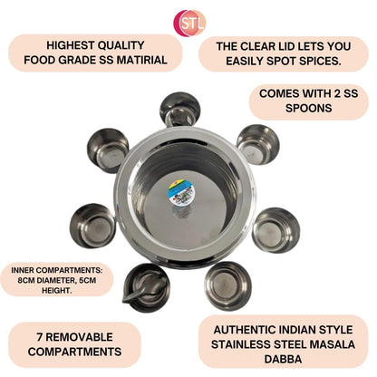 STL Masala Dabba (Spice Box) | Authentic Indian Style Stainless Steel Masala Dabba | with 7 Removable Compartments & 2 Spoons | See through Lid |