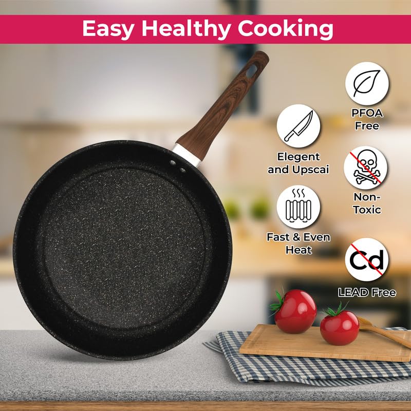 STL Copper Frying Pan Non-Stick, Durable, Wooden Handle, Anti-Scratch Granite Coating, Compatible with Induction, Electric & Gas Hobs, Ergonomic Soft Grip