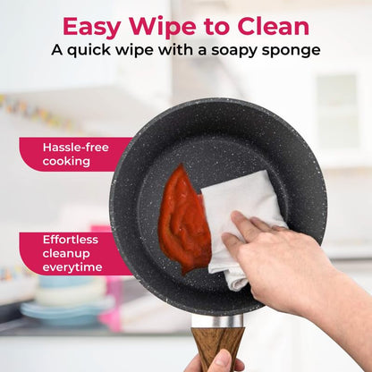 STL Copper Frying Pan Non-Stick, Durable, Wooden Handle, Anti-Scratch Granite Coating, Compatible with Induction, Electric & Gas Hobs, Ergonomic Soft Grip