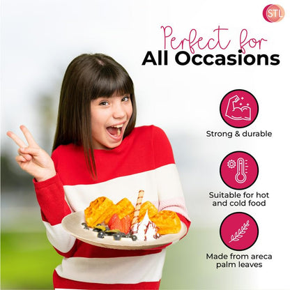 STL Disposable Palm Leaf Plates, Sturdy and Strong Large Round Dinnerware, Perfect Traditional Disposable Dinnerware for Hot and Cold Foods, Ideal for Weddings and Picnics