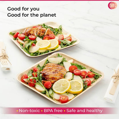 STL Disposable Square Palm Leaf Plates, Microwave & Oven Safe Durable Dinnerware for Hot and Cold Foods, Perfect for Weddings, Parties, and Outdoor Events