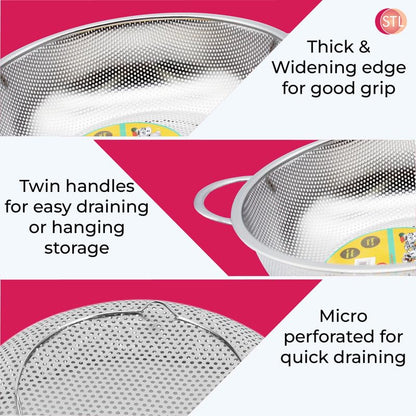 STL Steel Colander with Double Handles 16.5cm, Micro-Perforated for Draining Pasta, Rice, Fruits, Vegetables, Dishwasher Safe Kitchen Strainer, Metal Food Filter, Easy to Clean and Durable