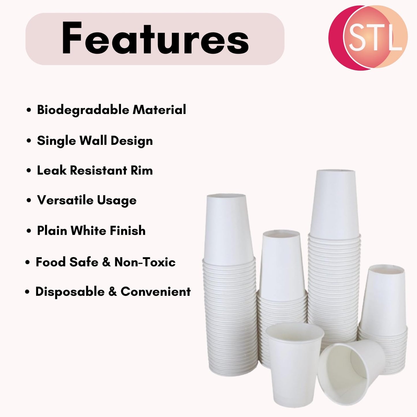 STL White Disposable Paper Cups Coffee Cups, Leak-Resistant, Recyclable Drink Cups for Hot & Cold Beverage, Water, Tea, Coffee, Juice-Ideal for Home, Office, Cafes and Events
