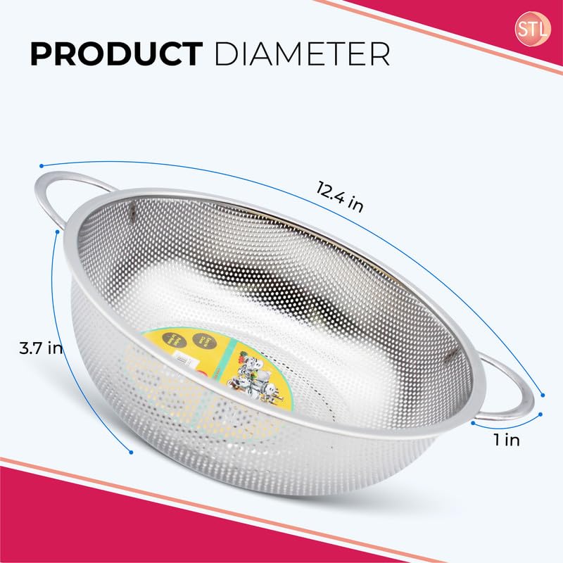 STL Steel Colander with Double Handles 16.5cm, Micro-Perforated for Draining Pasta, Rice, Fruits, Vegetables, Dishwasher Safe Kitchen Strainer, Metal Food Filter, Easy to Clean and Durable