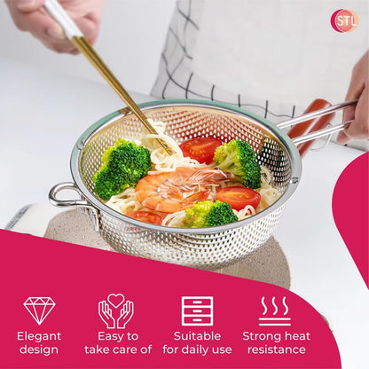 STL Steel Colander with Long Handles and Deep Base Micro-Perforated Strainer for Draining Pasta, Rice, Vegetables & Fruits, Dishwasher Safe Kitchen Metal Food Filter, Easy to Clean and Durable
