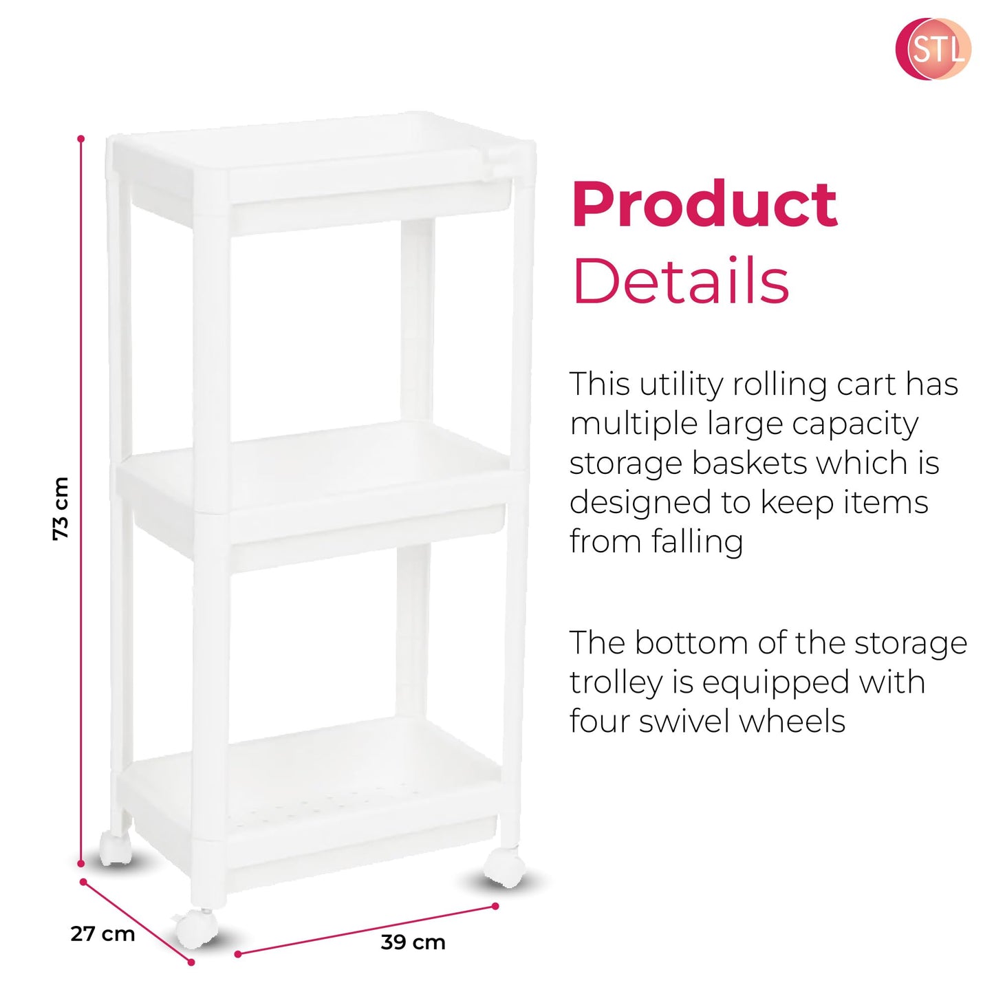STL 3-Tier Plastic Storage Cart with 2 Sturdy Handle, Rolling Utility Cart with 3 Baskets, Space Saving Organizer for Kitchen, Bathroom, Office and Living Room