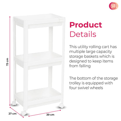 STL 3-Tier Plastic Storage Cart with 2 Sturdy Handle, Rolling Utility Cart with 3 Baskets, Space Saving Organizer for Kitchen, Bathroom, Office and Living Room
