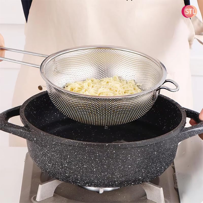 STL Steel Colander with Long Handles and Deep Base Micro-Perforated Strainer for Draining Pasta, Rice, Vegetables & Fruits, Dishwasher Safe Kitchen Metal Food Filter, Easy to Clean and Durable