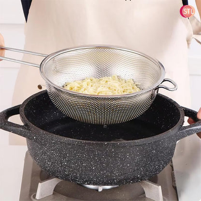 STL Steel Colander with Long Handles and Deep Base Micro-Perforated Strainer for Draining Pasta, Rice, Vegetables & Fruits, Dishwasher Safe Kitchen Metal Food Filter, Easy to Clean and Durable