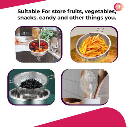 STL Steel Colander with Long Handles and Deep Base Micro-Perforated Strainer for Draining Pasta, Rice, Vegetables & Fruits, Dishwasher Safe Kitchen Metal Food Filter, Easy to Clean and Durable