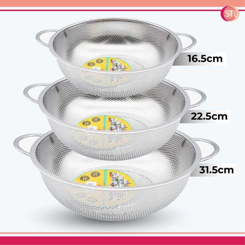 STL Steel Colander with Double Handles 16.5cm, Micro-Perforated for Draining Pasta, Rice, Fruits, Vegetables, Dishwasher Safe Kitchen Strainer, Metal Food Filter, Easy to Clean and Durable