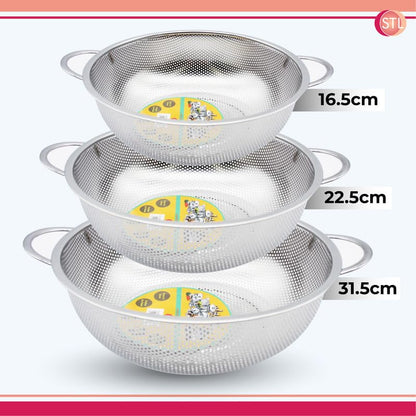 STL Steel Colander with Double Handles 16.5cm, Micro-Perforated for Draining Pasta, Rice, Fruits, Vegetables, Dishwasher Safe Kitchen Strainer, Metal Food Filter, Easy to Clean and Durable