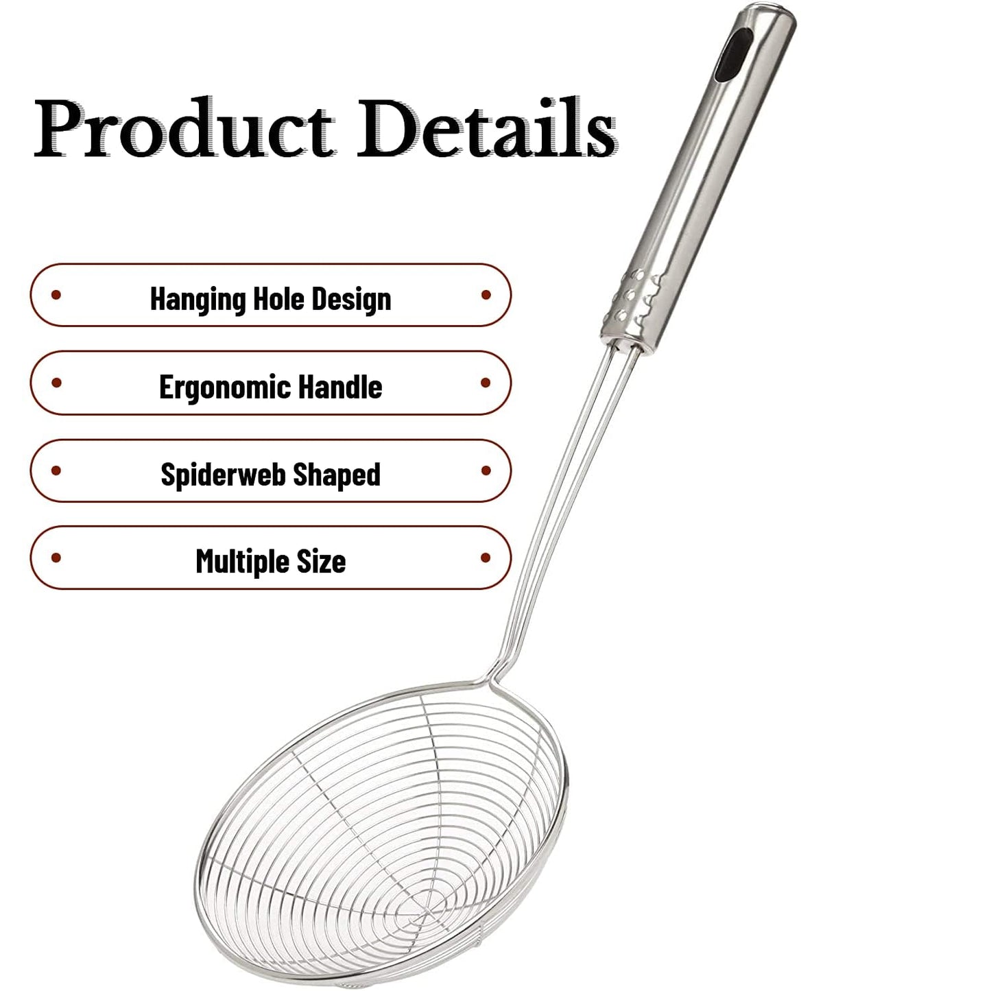 STL Steel Strainer Skimmer Ladle with Ergonomic Handle, Spider Mesh Filter, Solid Utensils Slotted Spoon for Kitchen, Frying Food, Pasta, Noodles, Spaghetti