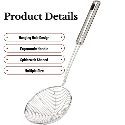 STL Steel Strainer Skimmer Ladle with Ergonomic Handle, Spider Mesh Filter, Solid Utensils Slotted Spoon for Kitchen, Frying Food, Pasta, Noodles, Spaghetti