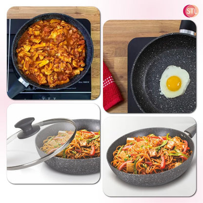 Glaze Non-Stick Fry Pan with Glass Lid, Durable Aluminum Skillet with Cool-Touch Handle, Scratch-Resistant, PFOA-Free, Compatible with Induction, Gas, and Electric Stoves